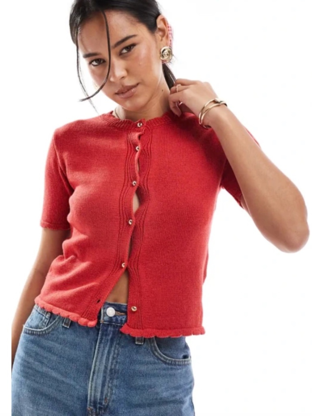 ASOS Design Red Knit Short Sleeve Cardigan Scalloped Trim Size L (US 12-14)